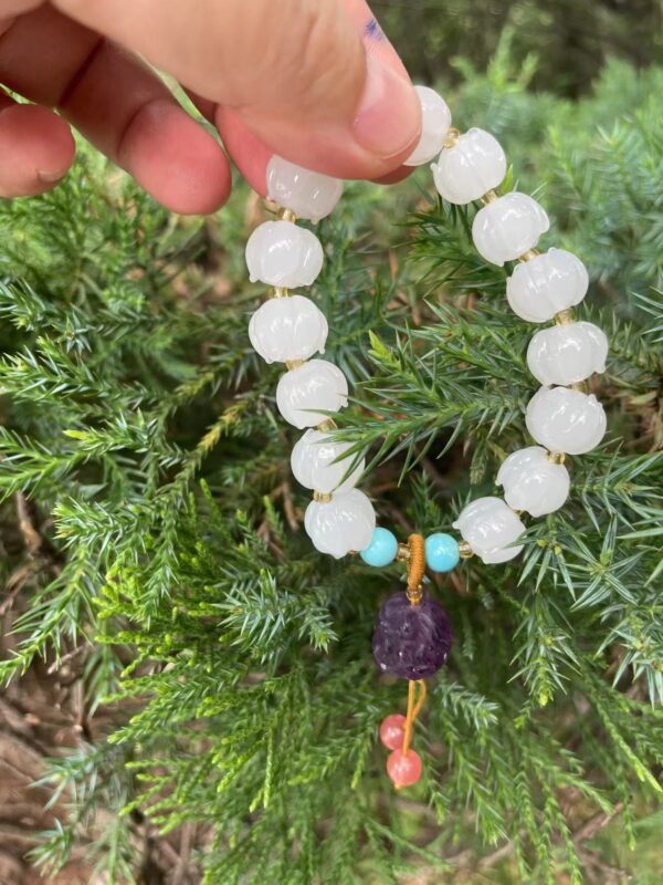White Glaze Lotus Beaded Natural Fluorite Lion Dancing Pendant Tassel Bracelets for Women