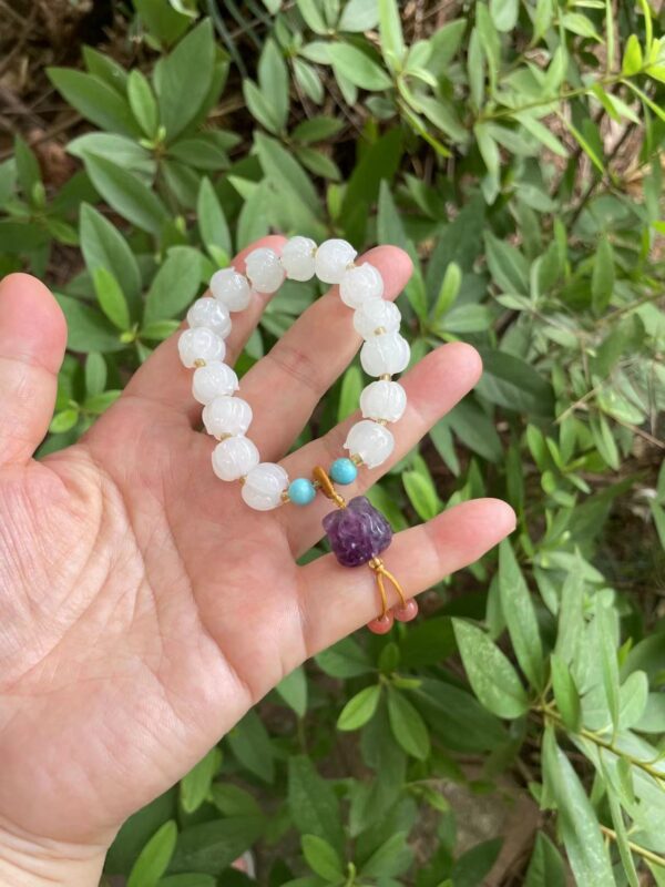 White Glaze Lotus Beaded Natural Fluorite Lion Dancing Pendant Tassel Bracelets for Women