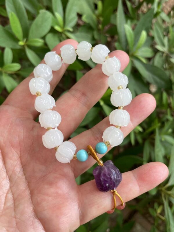 White Glaze Lotus Beaded Natural Fluorite Lion Dancing Pendant Tassel Bracelets for Women
