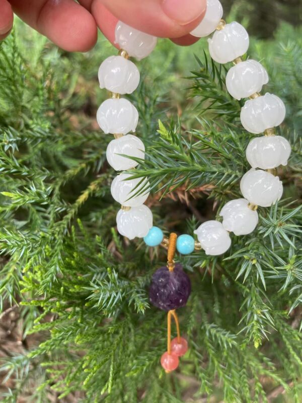 White Glaze Lotus Beaded Natural Fluorite Lion Dancing Pendant Tassel Bracelets for Women