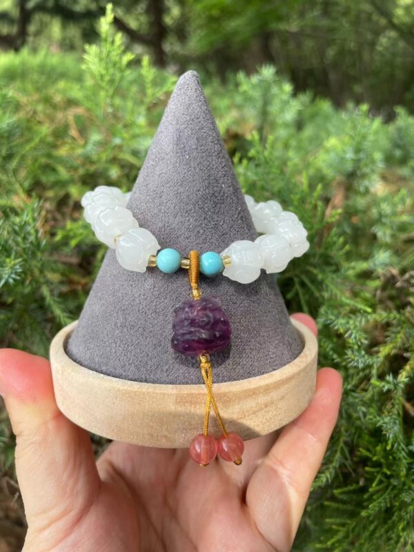 White Glaze Lotus Beaded Natural Fluorite Lion Dancing Pendant Tassel Bracelets for Women